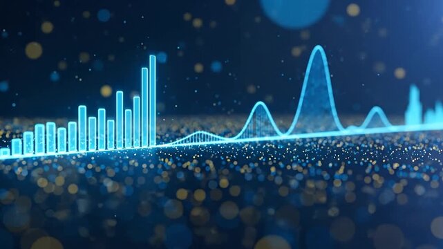 Animated glowing digital data graphs with dynamic bar chart and wave line visualization moving on an abstract dark blue background with bokeh particles, representing business growth and technology.