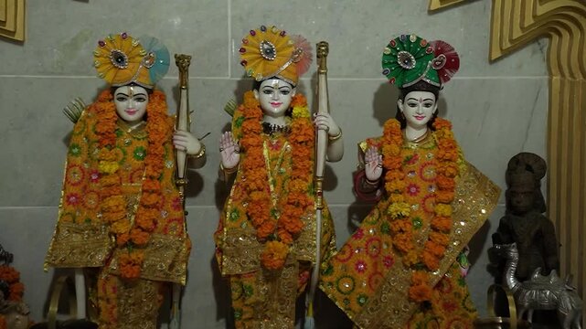 Ram Darbar idols inside Hindu temple featuring Lord Rama, Sita, Lakshmana and Hanuman.