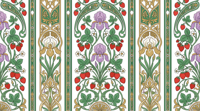 Art nouveau seamless border pattern with strawberry and iris flowers vintage ornamental vector backgroundArt nouveau seamless border pattern with strawberry and iris flowers vintage ornamental vector
