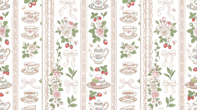 Vintage cottagecore tea party seamless stripe pattern with teacup teapot roses and strawberries vectorVintage cottagecore tea party seamless stripe pattern with teacup teapot roses and vector