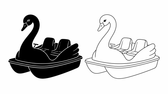 Swan pedal boat icon set in silhouette and outline style