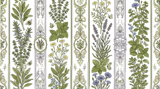 Vintage botanical seamless stripe pattern with kitchen herbs lavender chamomile and baroque damask ornaments vectorVintage botanical seamless stripe pattern with kitchen herbs lavender 