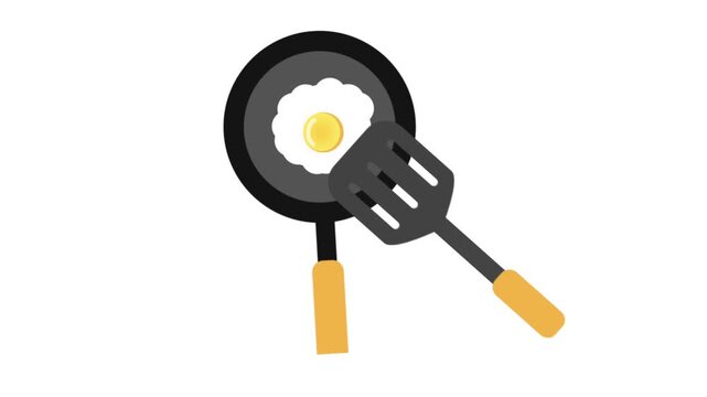 Cooking frying pan containing a fried egg with a spatula flat animation 