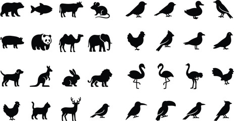 Fototapeta premium Collection of diverse animal and bird silhouettes for nature and wildlife icon design