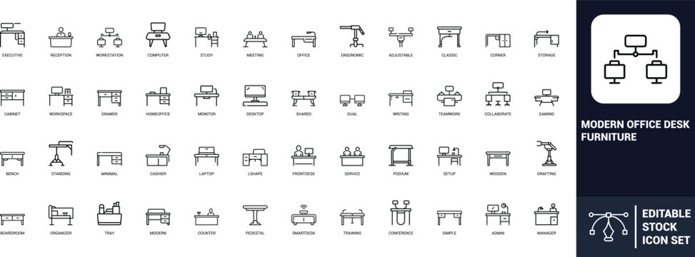 Modern office desk furniture line art icons set executive desk, reception desk, workstation, computer desk, study desk, Web icon, App icon, Outline icon, Editable stroke, line art, Vector EPS