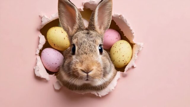 A cute bunny peeks from a whole in an Easter egg.