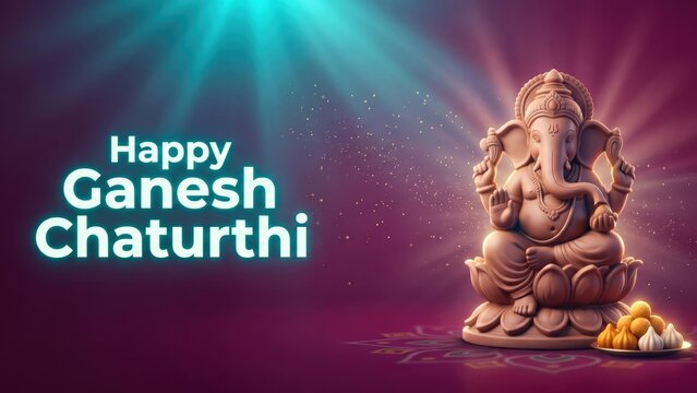 Happy Ganesh Chaturthi Neon Banner &ndash; Magenta Violet Luxury Background with Glowing Ganesha Idol