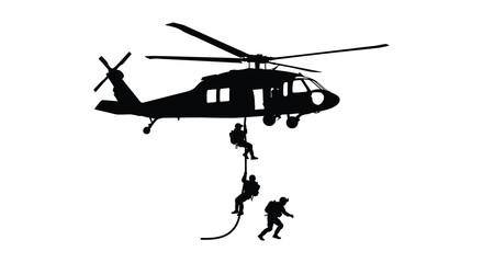 Military Helicopter With Rappelling Soldiers Black Silhouette chopper rotorcraft aviation © MdGolam