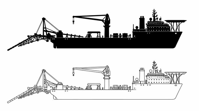 Pipe Layer Vessel Silhouette and Outline Icons for Marine Construction