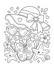 Obraz premium Cute cartoon sun hat sunglasses flip flops and starfish for summer beach fashion kids coloring page or book black and white vector illustration.
