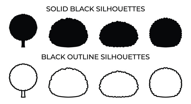 Four cloud silhouettes with varying shapes and four outlined cloud shapes silhouette
