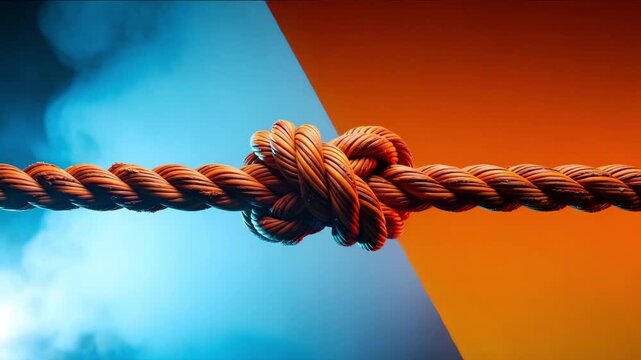 A thick orange rope tied in a knot against a split blue and red background with a smoky atmosphere