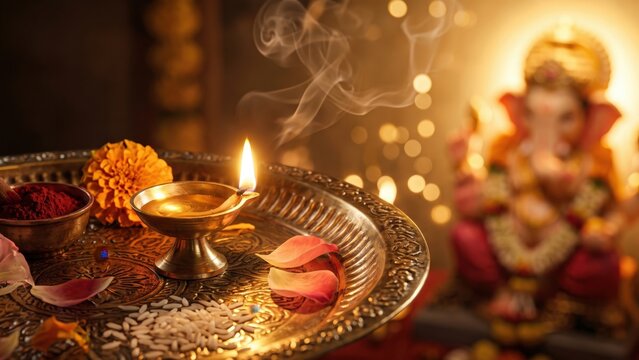 Traditional Aarti Thali with Lord Ganesha &ndash; Sacred Ritual Close Up