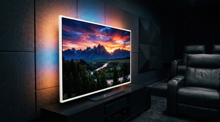 Fototapeta premium Modern home theater setup with a large smart TV displaying a vibrant mountain sunset, featuring ambient backlighting on acoustic wall panels in a cozy dark media room