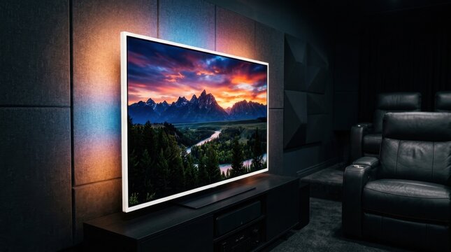 Modern home theater setup with a large smart TV displaying a vibrant mountain sunset, featuring ambient backlighting on acoustic wall panels in a cozy dark media room
