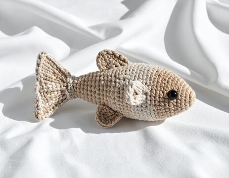 Minimalist Product Photography of a Handmade Crochet Fish Cat Toy