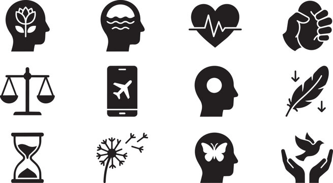 Mindfulness icons, psychology symbols, mental health signs, 12 black silhouette graphics