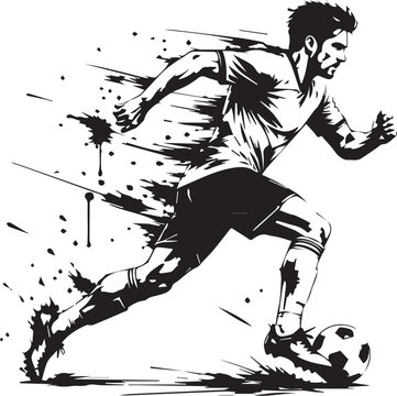 Soccer player runs across the field while dribbling a ball in a stylized ink splash illustration.