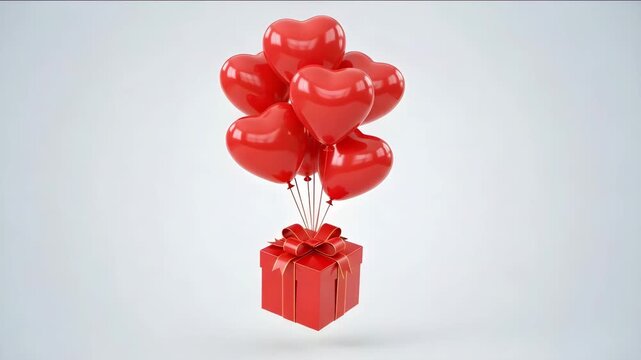 A red gift box tied with a ribbon floating in the air, lifted by a bunch of red heartshaped balloons against a light grey background