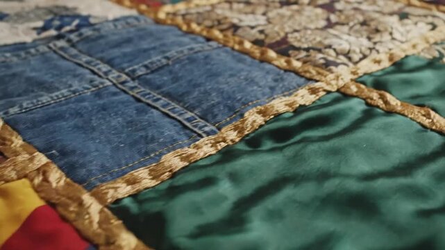 Close up of colorful patchwork quilt with plaid patterns