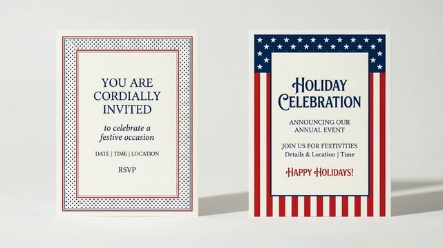 Patriotic American holiday invitation cards for a festive annual celebration event.