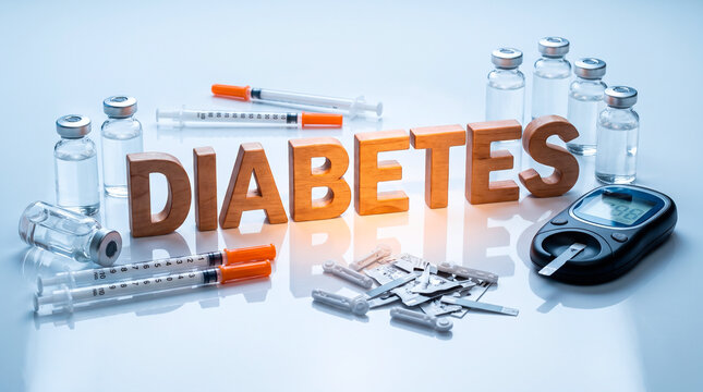 Diabetes management supplies including glucose meter, syringes, and insulin vials