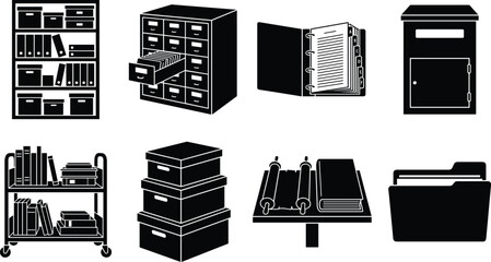 Archive and Document Storage Black Silhouette Icon Set Featuring File Cabinets Shelves Folders and Archive Boxes © SHEMA