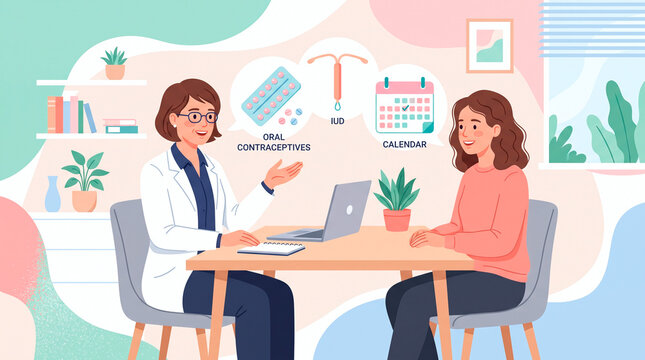 Doctor discusses birth control options with patient, including IUD and pills