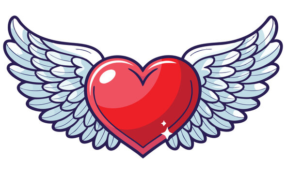 Retro pop art flying love heart with detailed blue feathered wings graphic element