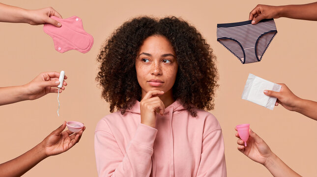 Woman contemplating menstrual product choices with various options presented