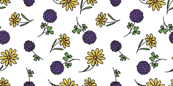 Purple clover, yellow chamomiles wildflowers seamless pattern, outline hand drawn vector background, wallpaper, paper, fabric, textile