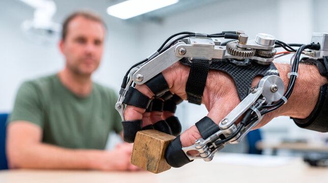 Advanced robotic exoskeleton glove assists human hand in grasping a small wooden cube