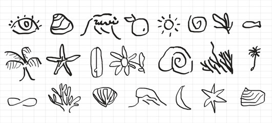 Fototapeta premium Set of hand drawn nature vector icons on graph paper background