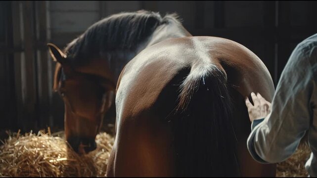Man Gently Touching Back Of A Beautiful Brown Horse