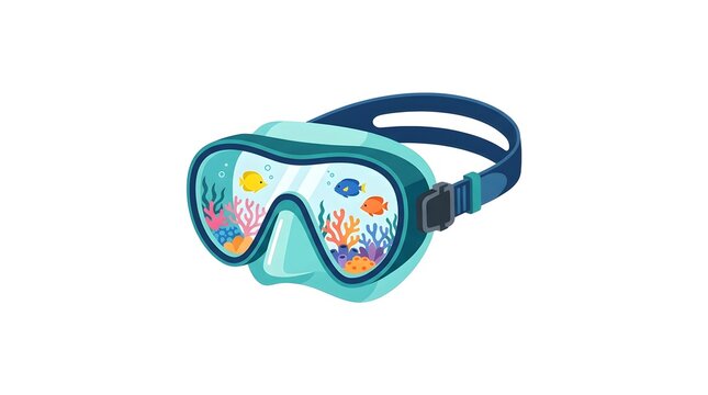 Flat vector illustration of a modern teal and blue scuba diving mask or snorkeling goggles. The lenses feature a vibrant underwater reflection showing colorful coral reefs, sea anemones, and small tro