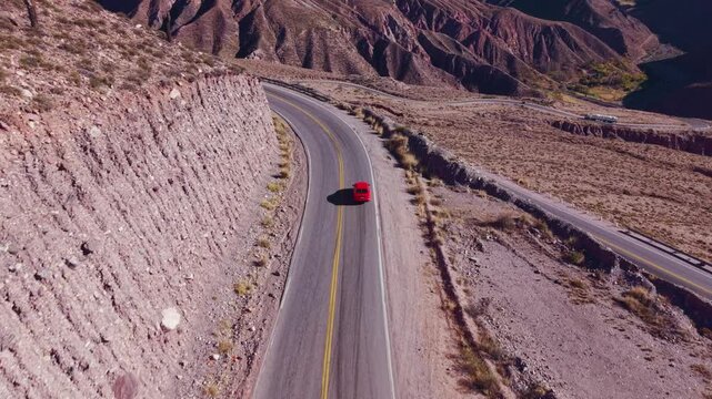 Drone aerial view of winding mountain road in Cuesta de Lipan, Jujuy, Argentina