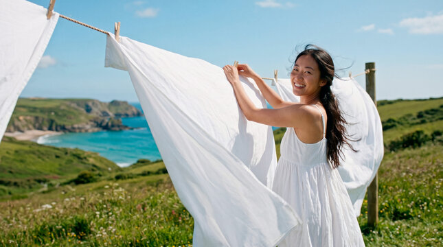 Woman hanging laundry on a clothesline with a scenic coastal view