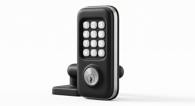 3D claymorphic smart door lock with digital keypad and keyhole, modern security handle isolated on white background, 8k high resolution render