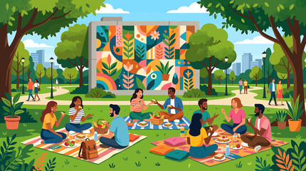 Group of people enjoying a picnic in a park. © Dasim