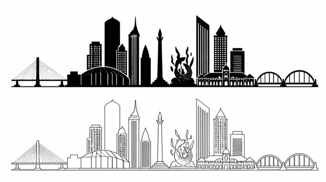 Jakarta City Skyline Silhouette and Outline Vector Illustration