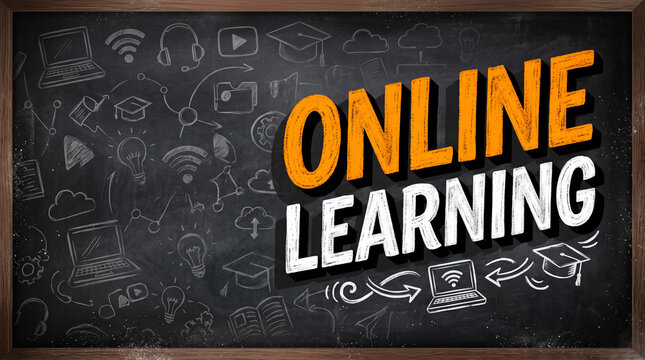 Online learning concept with chalk drawings on a blackboard background