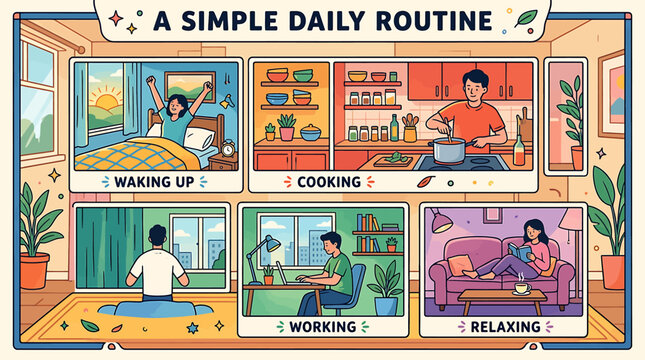 Illustrated daily routine activities in colorful comic style.