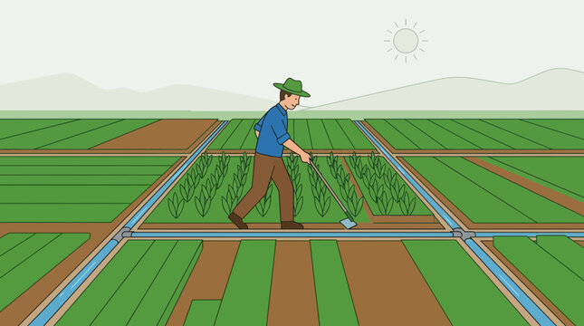 Farmer hoeing rows of crops in organized field.