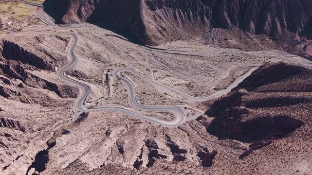 Drone shot of remote mountain highway in Cuesta de Lipan, Jujuy, Argentina