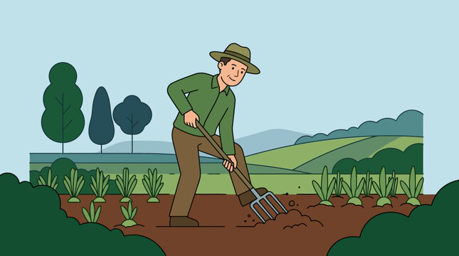 Farmer tilling soil in rural field with hoe.