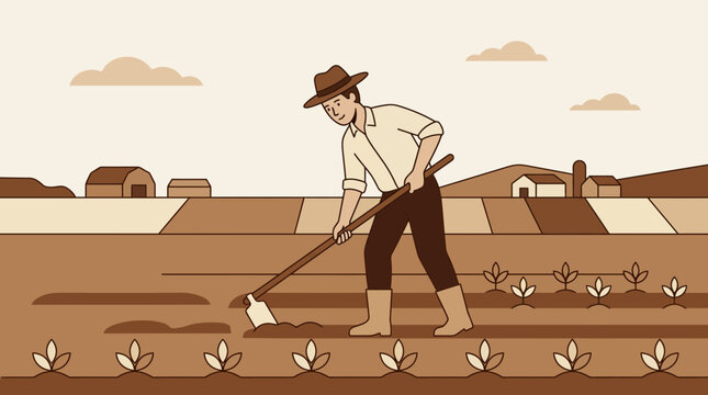 Farmer tilling soil with a hoe in rural field.