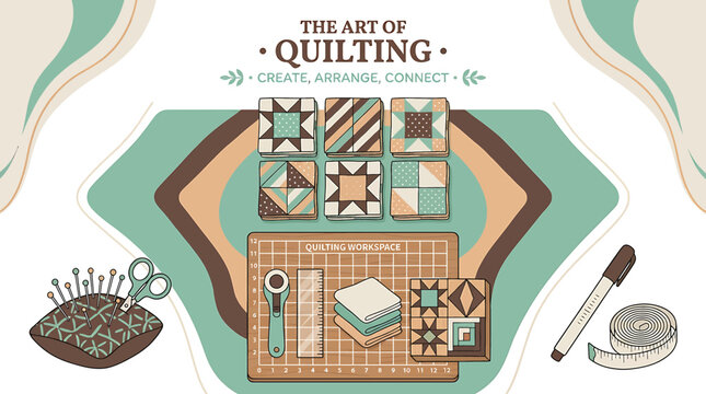 Colorful Quilting Supplies and Patchwork Fabric Display.