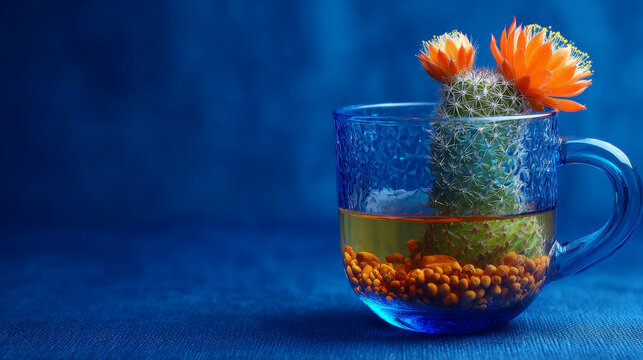 Armudu Tea Glass with Blooming Cactus Inside on Cobalt Blue Background