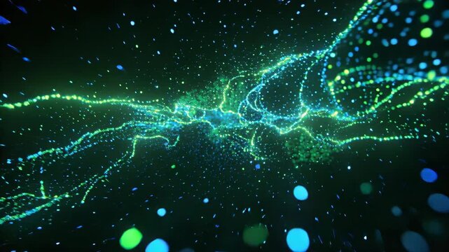 Glowing virtual particles creating a complex network representing modern technology data and connectivity in digital space.