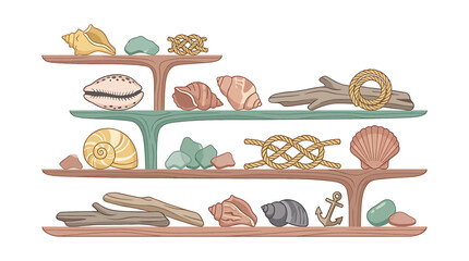 Colorful illustrated collection of seashells and marine artifacts. © nur